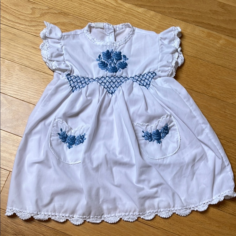 White Dress with Smocking & Blue Embroidery